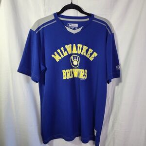 Milwaukee Brewers MLB True Fan V Neck Jersey Shirt Mens Large Blue Gray
